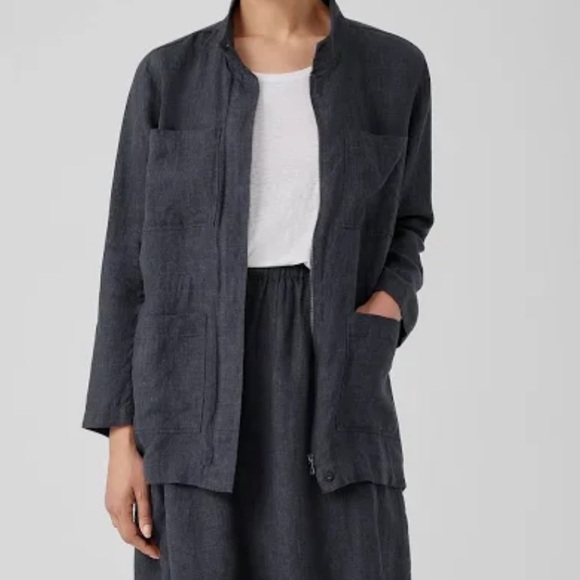 Eileen Fisher Washed Organic Linen Délavé Stand Collar Jacket, Size M - Picture 3 of 6